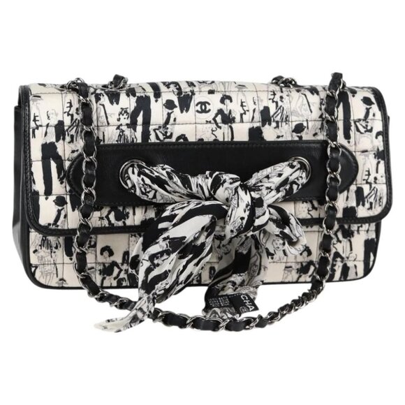 CHANEL Chain COCO Mark Choco Bar Shoulder Bag Satin Black White CC Auth 128055V - Picture 1 of 14